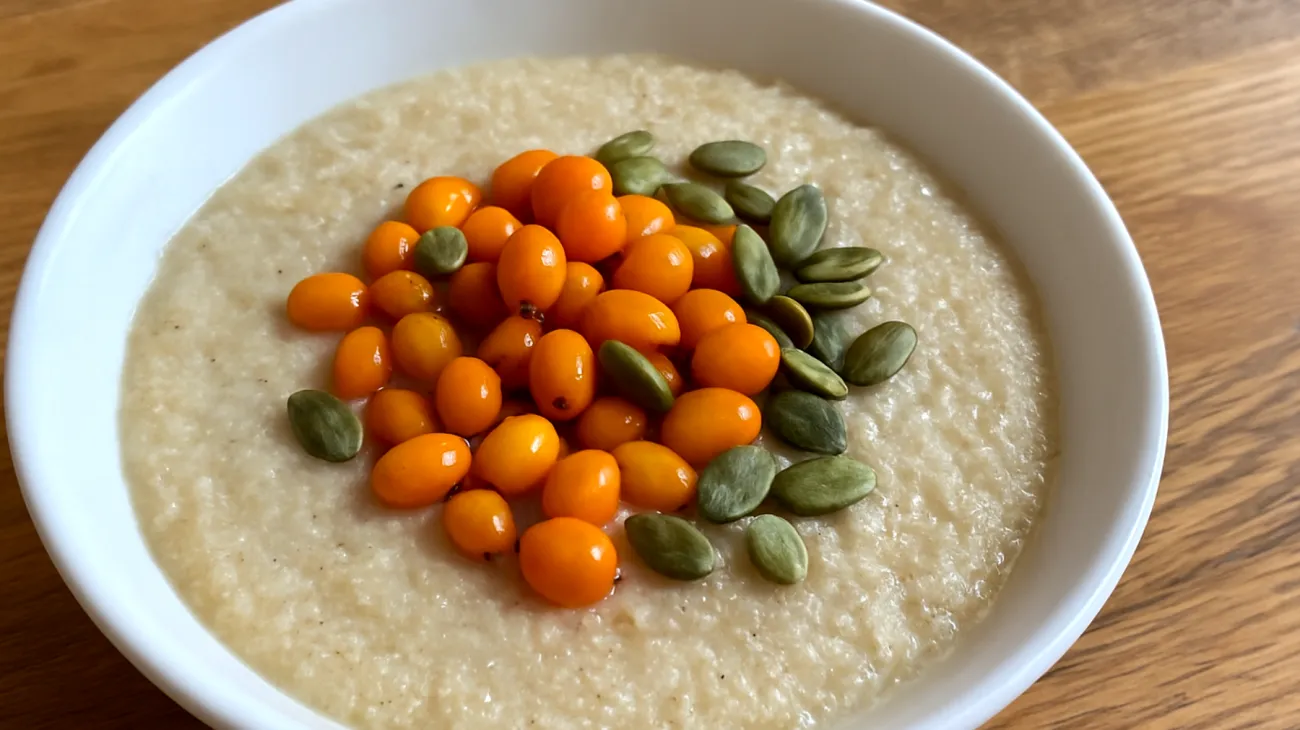 Amaranth-Porridge mit Sanddornbeeren und Kürbiskernen"