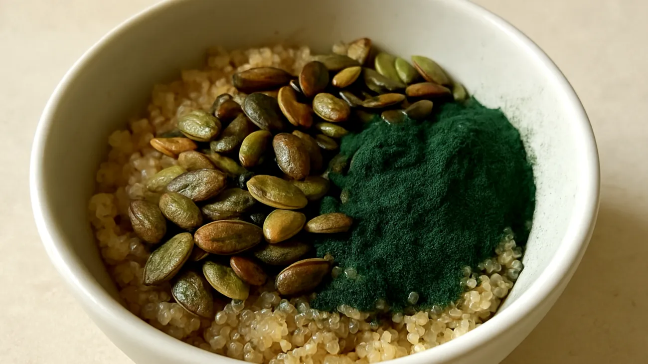 Amaranth-Quinoa-Bowl mit gerösteten Kürbiskernen und Spirulina"