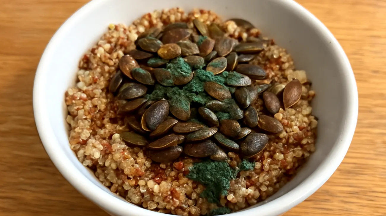 Amaranth-Quinoa-Bowl mit gerösteten Kürbiskernen und Spirulina"
