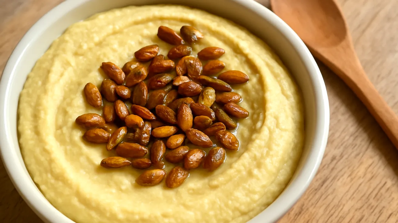 Lupinenbohnen-Hummus mit gerösteten Kürbiskernen"