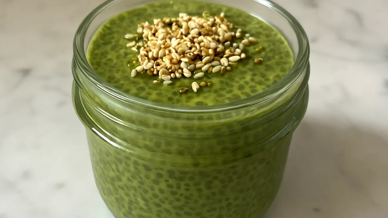 Overnight Chia-Pudding mit Matcha und gerösteten Hanfsamen"